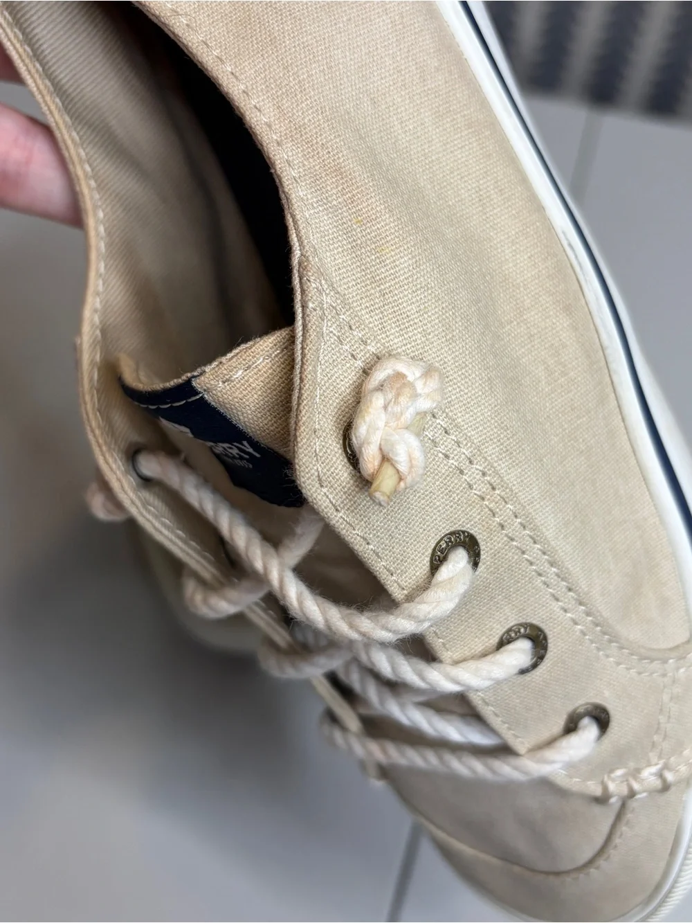 Sperry Beige Canvas Boat Shoes with White Soles 8